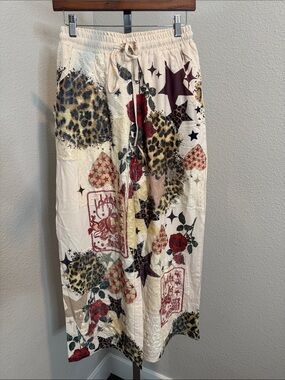 Patchwork Print Maxi Skirt with Leopard & Rose Motif - Cream